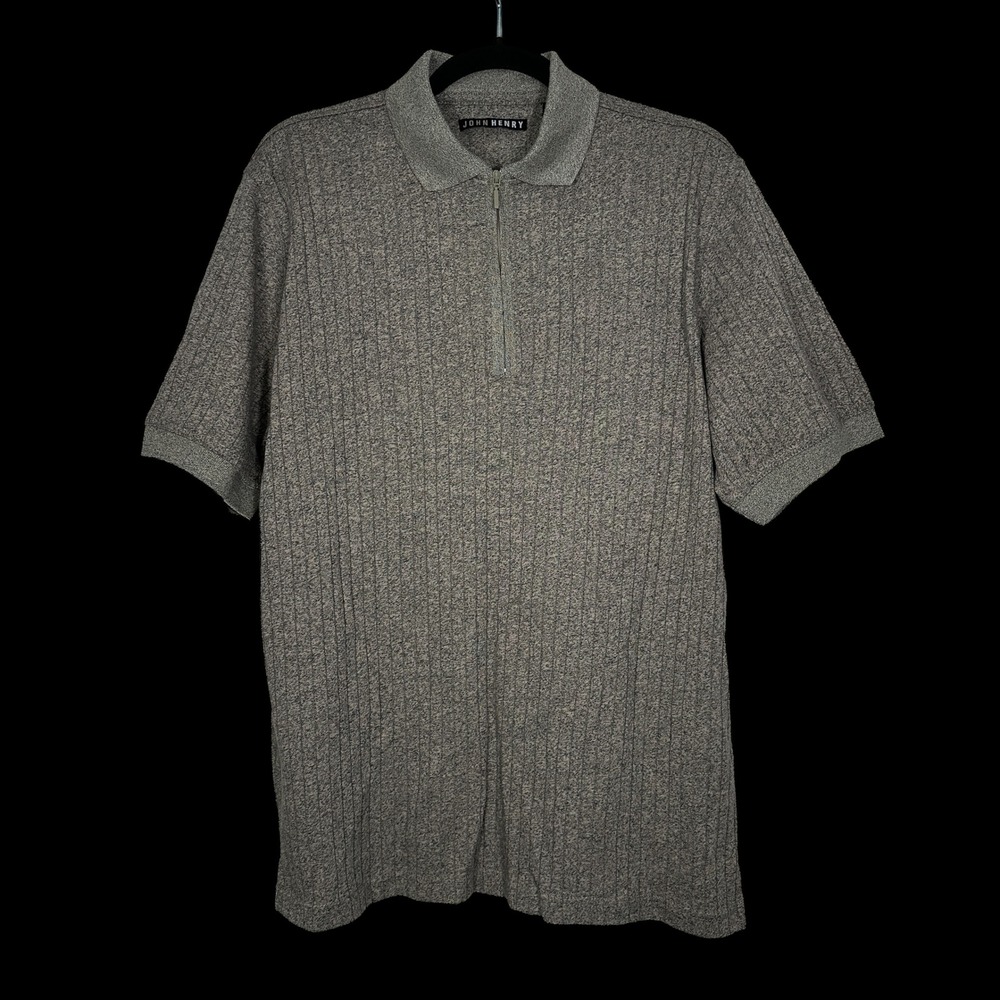 John Henry Mens Gray Textured Knit Quarter Zip Polo Shirt Size M